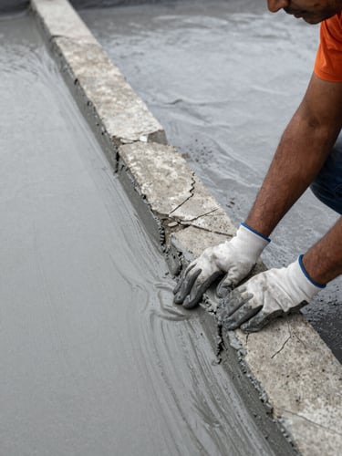 Close-up overhead shot of a contractor's gloved hands smoothing grey waterproofing compound across a cracked concrete joint on a Delhi rooftop, natural overcast light from above, the repair line running diagonally across the frame, surface texture visible