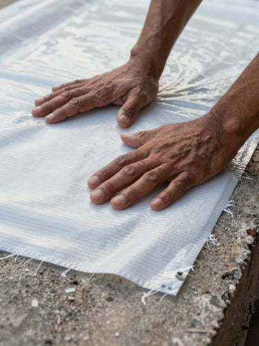Close-up of weathered hands pressing a waterproofing membrane onto a rough terrace surface in natural Delhi daylight, material texture visible mid-application, concrete substrate showing at the edges