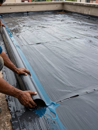 Wide view of a flat Delhi terrace mid-waterproofing treatment, a worker's hands pressing membrane sheet into wet adhesive in the left foreground, cyan-tinted resin pooling at seams, overcast daylight showing the full surface coverage from edge to edge