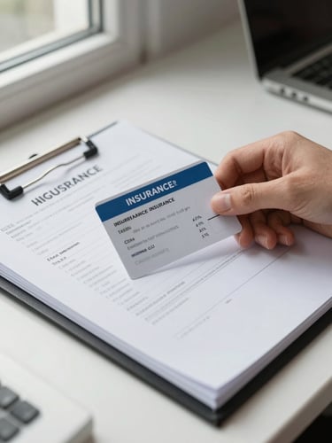 Close-up of a hand placing an insurance card next to an open policy binder on a white desk, sharp daylight from a window on the left, typed policy numbers visible on the page, crisp and precise framing