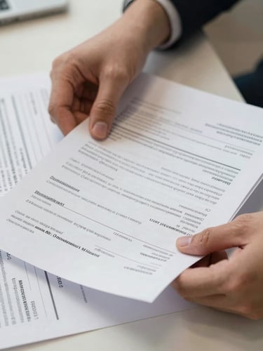 Close-up of hands sorting through insurance policy documents on a desk, typed policy numbers and dates clearly visible on paper, sharp office fluorescent lighting, one hand holding a stamped authorization letter, neutral background, practical framing