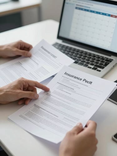 Close-up wide shot of a coordination desk, hands sorting printed insurance policy documents and a laptop screen displaying a calendar with scheduled authorizations, bright office fluorescent lighting, sharp and clear, no people visible above the wrists