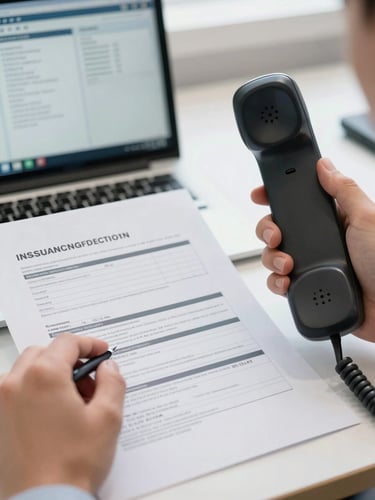 Close-up shot from the right side of a desk under bright office fluorescent light, a hand holding a telephone receiver while the other hand traces a finger across a printed insurance policy document, typed authorization dates and policy numbers visible on the page, coordination dashboard on a laptop screen blurred in the background