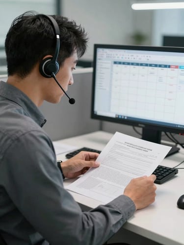 Medium shot of a coordinator at a desk viewed from the side, speaking on a phone headset while reviewing printed forms, a computer screen showing a calendar and case status grid in the background, clean fluorescent office lighting, sharp and practical framing