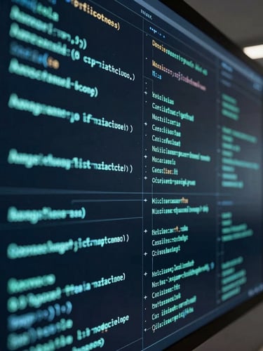 Abstract digital financial interface with glowing lines of code, dark navy background, sharp technical grid overlay, shallow depth of field, 35mm