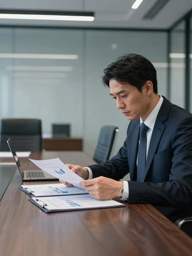 A high-end corporate boardroom with sharp cool-toned office lighting, a professional executive in deep focus looking over financial reports, 35mm