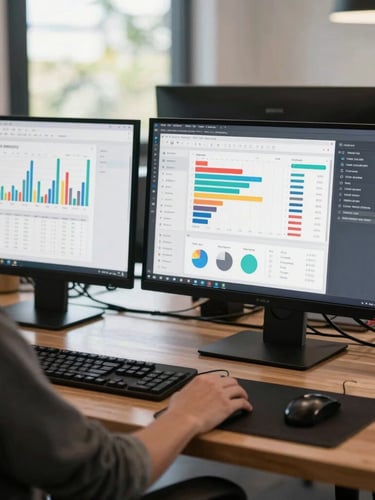 A high-contrast digital workspace showing analytics dashboards and campaign metrics under bright Queensland daylight.