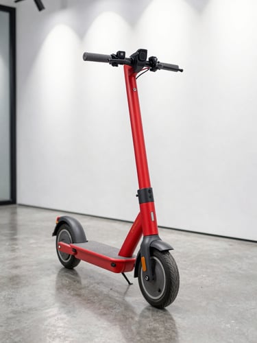 Premium red electric scooter parked inside a bright, modern minimalist showroom with polished concrete floors and dramatic spotlighting, sharp focus, 50mm