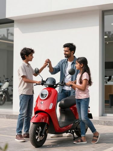 A happy Indian family receiving the keys to their new red electric scooter outside a modern showroom, sunny day, natural lighting