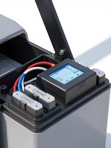 Close-up of a modern electric loader battery compartment showing clean wiring, a smart BMS system, and robust metal frame under bright natural daylight, crisp focus, 50mm