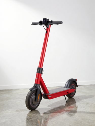 A premium red electric scooter parked inside a clean, modern high-end vehicle showroom with bright studio lighting and concrete floors, crisp reflections, 50mm
