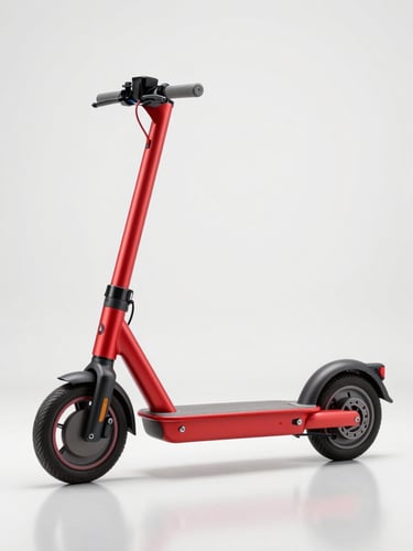 Three-quarter profile of a premium crimson electric scooter parked in a brightly lit modern showroom, clean white background, sharp focus, 50mm