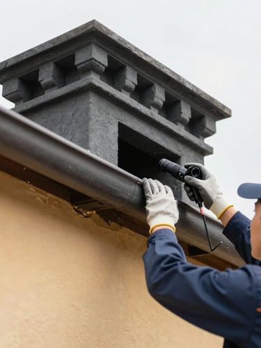 Professional chimney technician in a clean uniform, wearing gloves, carefully inspecting a flue liner with a specialized camera, natural daylight, crisp focus on the technical detail, architectural shot.