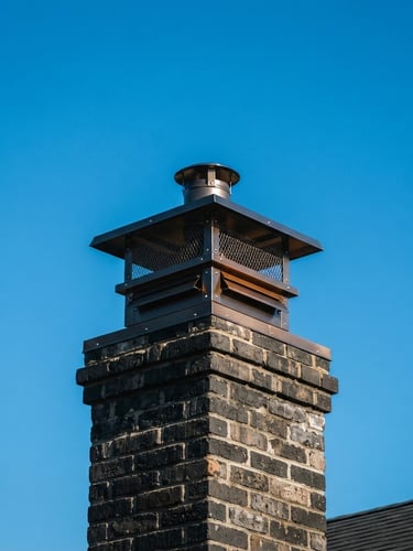 High-contrast architectural shot of a clean chimney cap against a clear sky, natural daylight, sharp details.