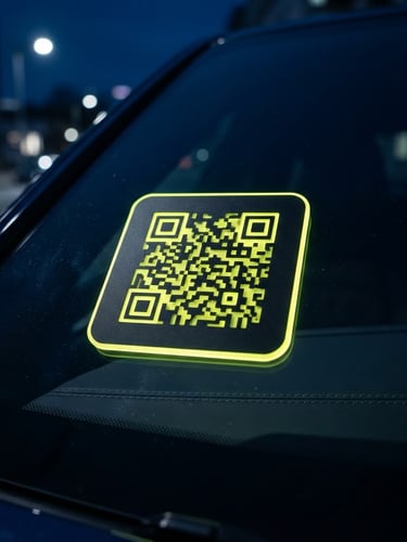 Sleek physical QR tag on a premium car windshield, macro shot, neon yellow edge-glow, deep midnight blue ambient background, 35mm