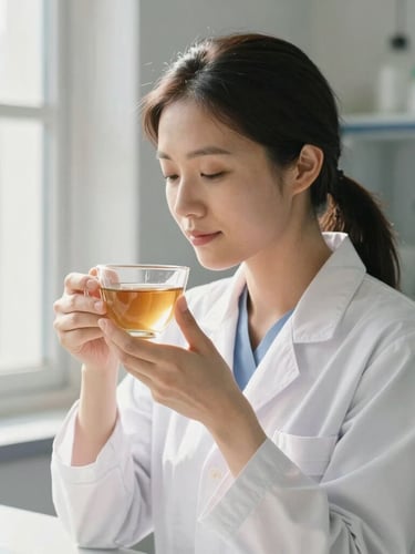 A warm peaceful lifestyle scene of a healthy woman enjoying a cup of herbal tea by a sunlit window, soft daylight, shallow depth of field, warm tone