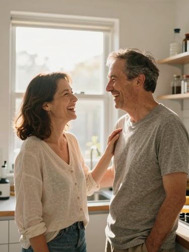 A warm peaceful lifestyle scene of a healthy happy middle-aged couple laughing together in a bright sunlit kitchen, soft golden hour window light, evoking deep peace and vitality, 35mm photography