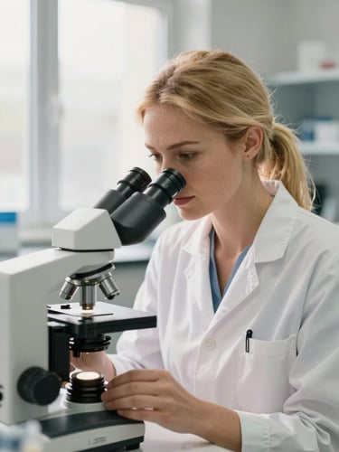 A beautiful professional European-type blonde female technician with radiant skin, focused on her work, looking into a microscope in a bright clinical laboratory with soft warm window light, 35mm photography