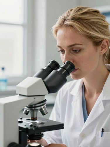 Medium close-up of a beautiful European-type blonde female laboratory technician with radiant skin, looking focused into a professional microscope under soft natural window light, warm clinical editorial photography