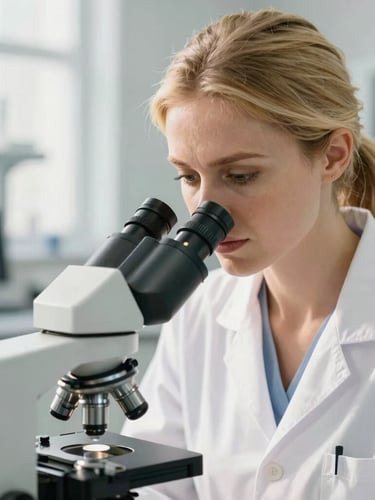 Medium close-up of a beautiful professional blonde female technician with radiant skin, wearing white lab coat, focused on looking into a microscope in a bright warm sunlit modern laboratory, shallow depth of field, 35mm