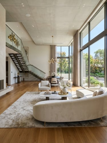 Wide architectural shot of a luxurious, modern residential interior, bright natural daylight streaming through large windows, soft gold accents, sharp focus, 35mm tilt-shift lens, no people.