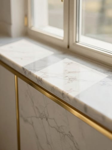 Tight macro detail shot of premium materials like polished marble and brass inlay in a luxury interior design project, soft golden-hour window light. Sharp focus on texture and craftsmanship.