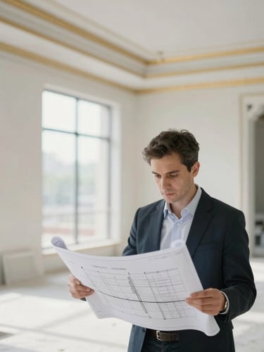 Architect reviewing blueprints on a construction site, focused on details, bright natural daylight, crisp lines, 35mm tilt-shift lens.
