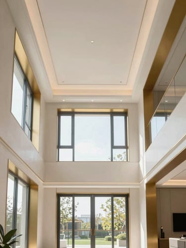 Architectural photograph of a modern luxury residential interior with high ceilings and large windows, bright natural daylight, clean lines, and soft gold accents. Straight-on perspective.