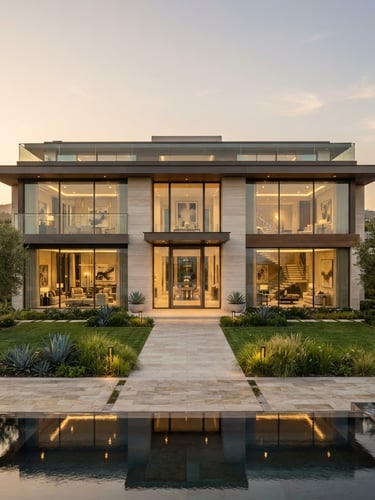 Exterior view of a modern luxury villa at golden hour, clean architectural lines, large windows, manicured landscaping, bright natural daylight, straight-on architectural one-point perspective.