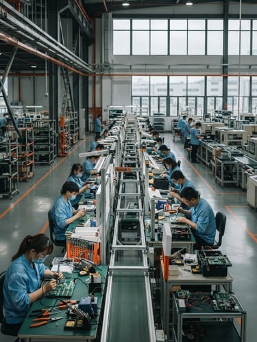Wide-angle industrial documentary photography of a modern, highly organized electronics assembly line in Shenzhen, cool overcast daylight, desaturated steel and safety orange accents, sharp focus.