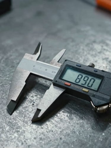 Macro close-up of a product prototype being measured with a digital caliper on a metal workbench, cool industrial daylight, high contrast, desaturated steel tones