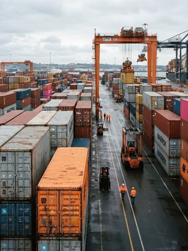High-contrast documentary photography of organized shipping containers at a modern marine terminal, cool overcast daylight, desaturated steel and safety orange tones, sharp 50mm lens