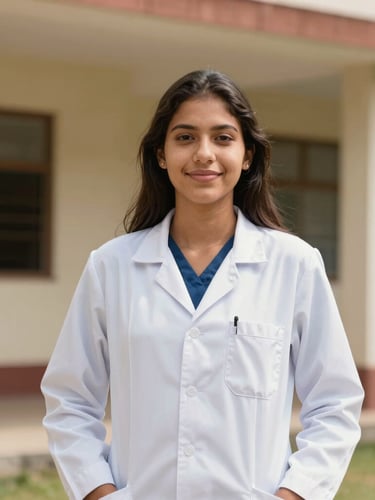 Medium environmental portrait of a Brazilian medical student in Paraguay, wearing a white lab coat, standing confidently in front of a university building, bright natural daylight, warm sun-drenched tones, purposeful and candid.
