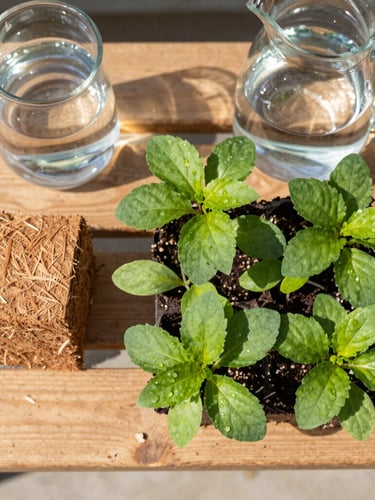 Overhead flat-lay of a wooden potting bench with a dry coir block, a pitcher of water, and young green seedlings sprouting, bright greenhouse sunlight, 35mm