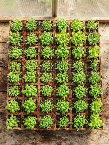 Overhead flat-lay of vibrant green seedlings sprouting from rich brown coir on a clean wooden potting bench, bright greenhouse sunlight