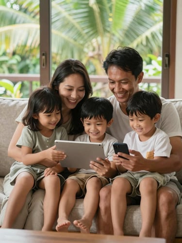 A warm, bright medium shot of an Indonesian family sitting on a cozy living room sofa, smiling together while using a tablet and smartphone under natural tropical daylight.