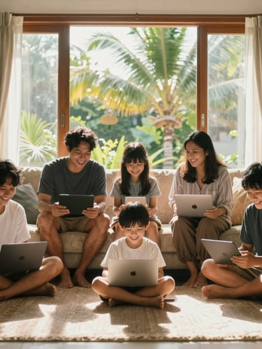 A warm, bright living room in Indonesia where a family is laughing and using multiple devices together, tropical daylight streaming through the window.