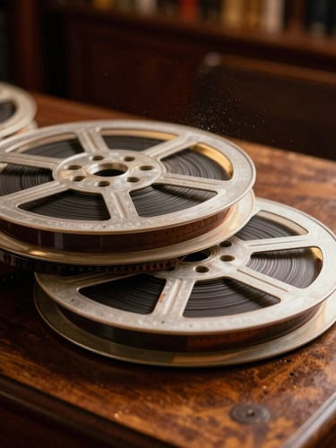 Close-up of physical 35mm film reels stacked on an archival wooden table, warm scholarly library lighting, dramatic chiaroscuro, soft dust particles in the air, editorial photography.