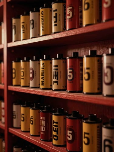 Warm environmental shot of a vintage 35mm film archive, rows of film canisters on dark wooden shelves, scholarly library lighting, cinematic chiaroscuro with deep crimson tones.