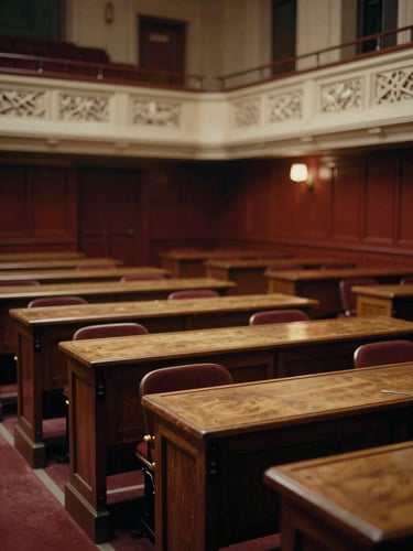 A warm-lit historical lecture hall with elegant wooden desks, soft cinematic lighting, 35mm film grain, scholarly atmosphere