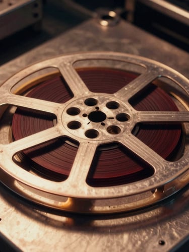 Close-up of a vintage 35mm film reel on a metal editing table, warm dramatic chiaroscuro lighting, deep crimson and gold tones, cinematic grain