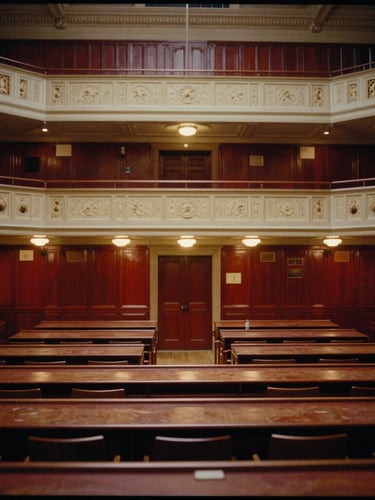 Wide environmental shot of a historic university lecture hall with warm scholarly lighting, architectural details of cultural venues, 35mm film grain