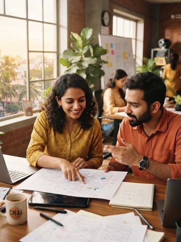 A warm editorial medium shot of two Indian marketing professionals collaborating over design wireframes in a sunlit Chennai creative studio, 35mm lens, natural light.