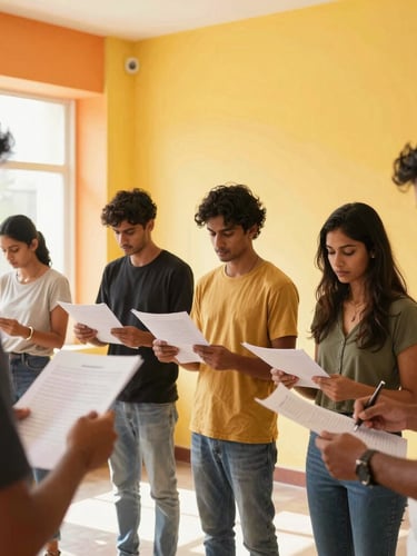 Behind-the-scenes warm editorial photo of an active model casting call in a bright Chennai studio, with Indian casting directors reviewing portfolios under natural sunlight, 35mm lens.
