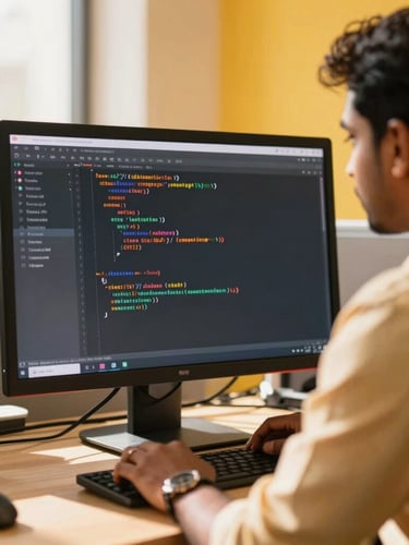 Warm natural sunlight, close-up of a modern Indian developer in a Chennai office analyzing clean code on a screen, 35mm lens, soft shadows