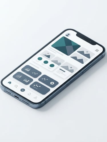 Minimalist isometric mockup of a high-fidelity mobile application interface on a bright white studio background, sharp focus, clean tech product photography