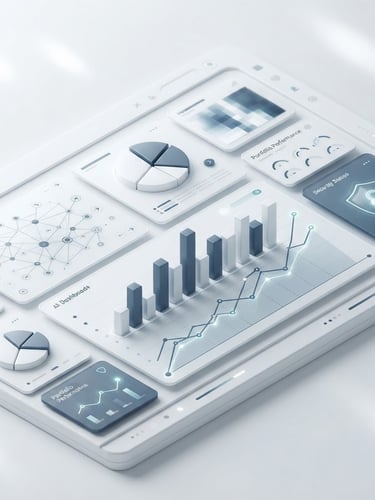 Isometric high-fidelity UI mockup of a secure financial dashboard with clean data visualizations, bright studio lighting, white and slate tones