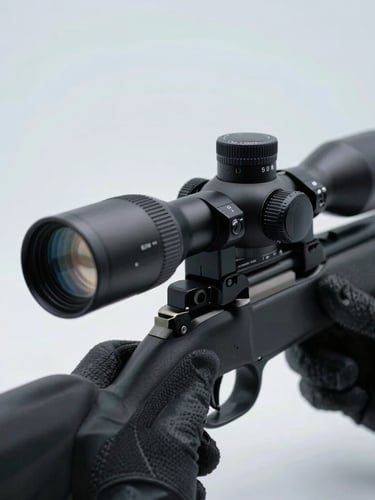 Close-up of gloved hands carefully placing an optic onto a dark, premium rifle chassis, clean workshop background, moody cool white lighting, 50mm lens.