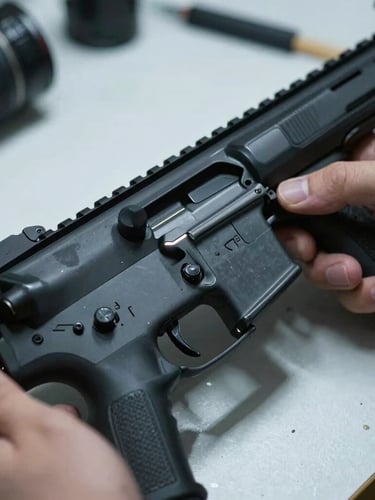 Macro close-up of hands carefully assembling a black firearm receiver on a clean, organized workbench, moody side-lighting, cool white highlights