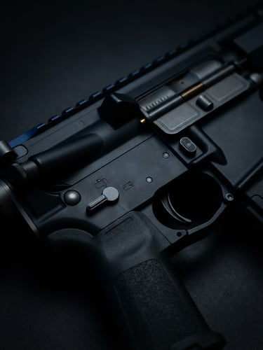 Macro close-up of a high-end firearm receiver on a matte black workbench, low-key side lighting with subtle deep blue rim highlights, sharp focus, 50mm lens.
